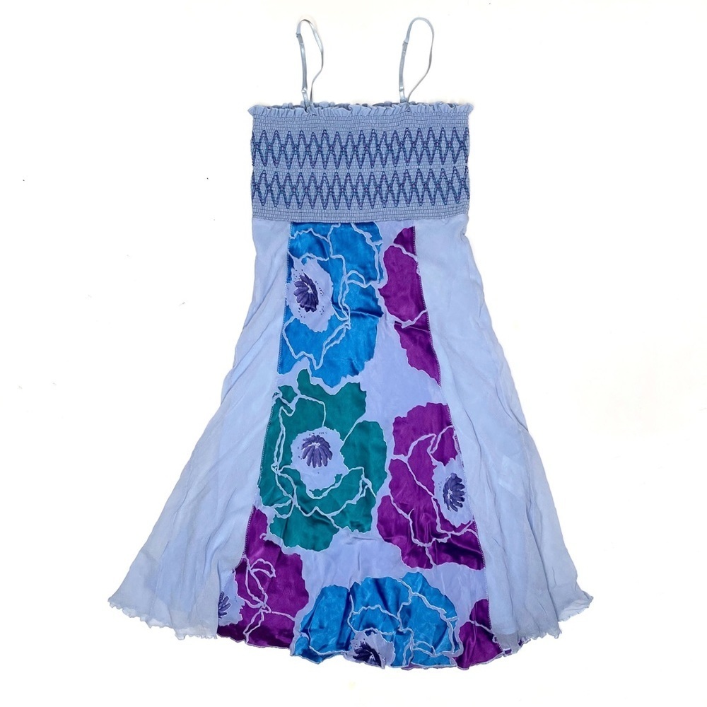 MaxMara 100% Silk Smocked Floral Midi Dress Strappy Blue Purple M